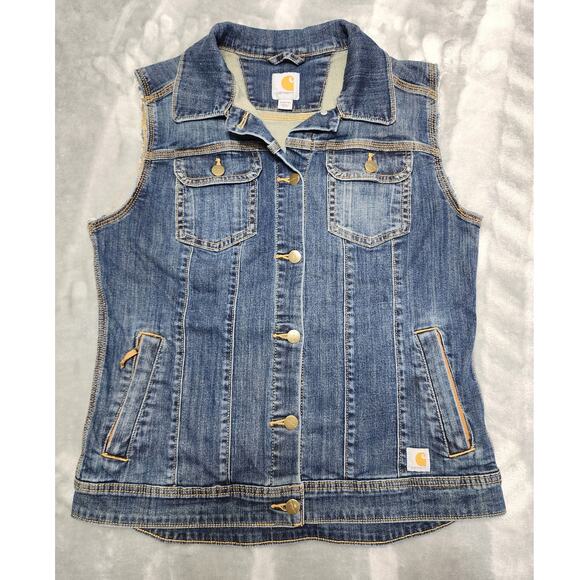 Carhartt Jackets & Blazers - Carhartt Vest Womens M Blue Sleeveless Stretch Denim Jacket Grunge Outdoors Y2K